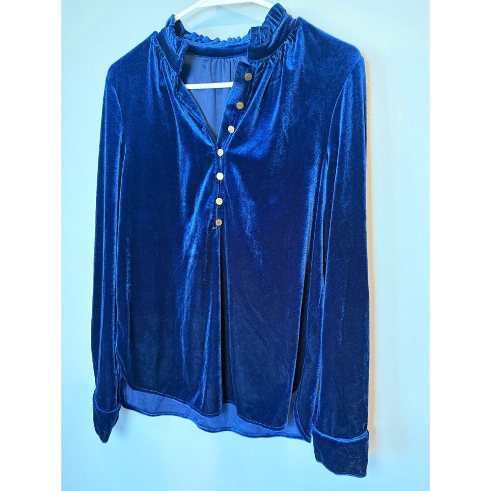 Gorgeous Royal Blue Crushed Velvet Blouse – Ruffle Mock Neck & Gold Buttons